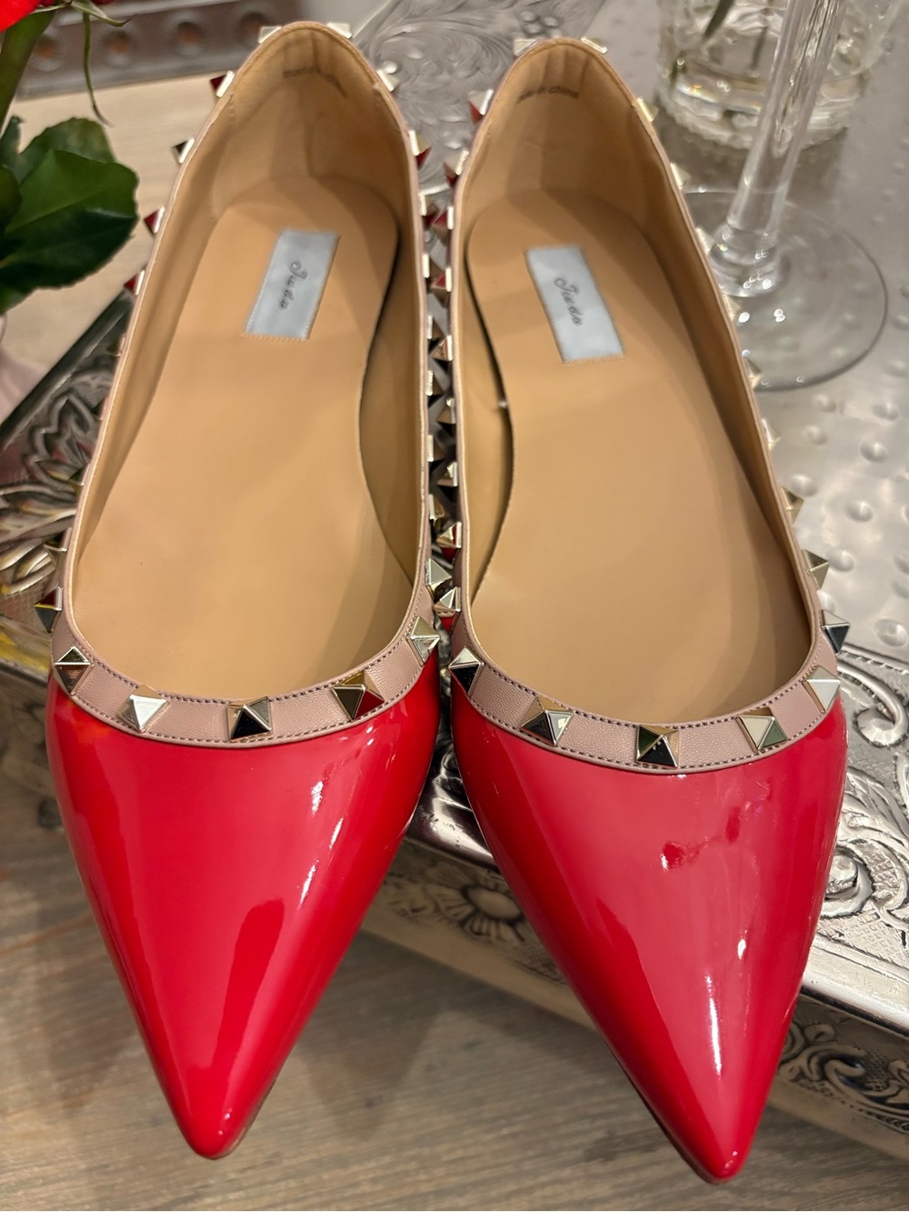 Studded Patent Pointed Ballet Flats in Red